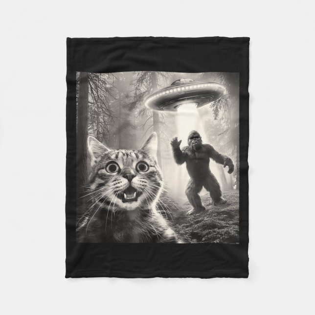 Cat Selfie Forest Trees Alien Ufo Bigfoot Humor Sa Fleece Blanket (Front)