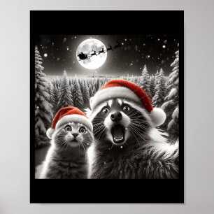 Cat Selfie Racoon Funny Santa Christmas Dog  Poster