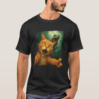 Cat Selfie T-Rex Chase Funny Dinosaur Meme Graphic T-Shirt