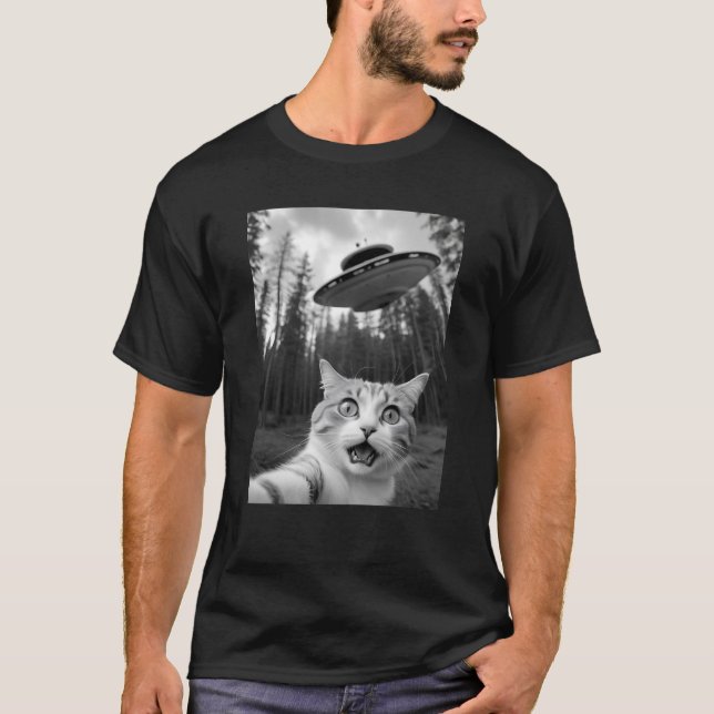 Cat Selfie UFO Tee Funny Alien Abduction Shirt (Front)