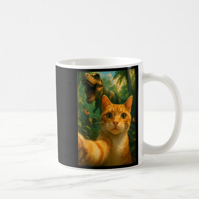 Cat Selfie With A T-rex Funny Dinosaur _2  Coffee Mug (Right)