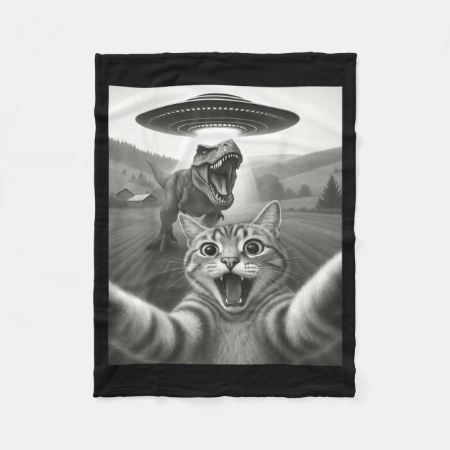 Cat Selfie With Alien Ufo &amp; T-rex Dinosaur Fun Fleece Blanket (Front)