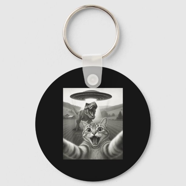 Cat Selfie With Alien Ufo &amp; T-rex Dinosaur Fun Keychain (Front)