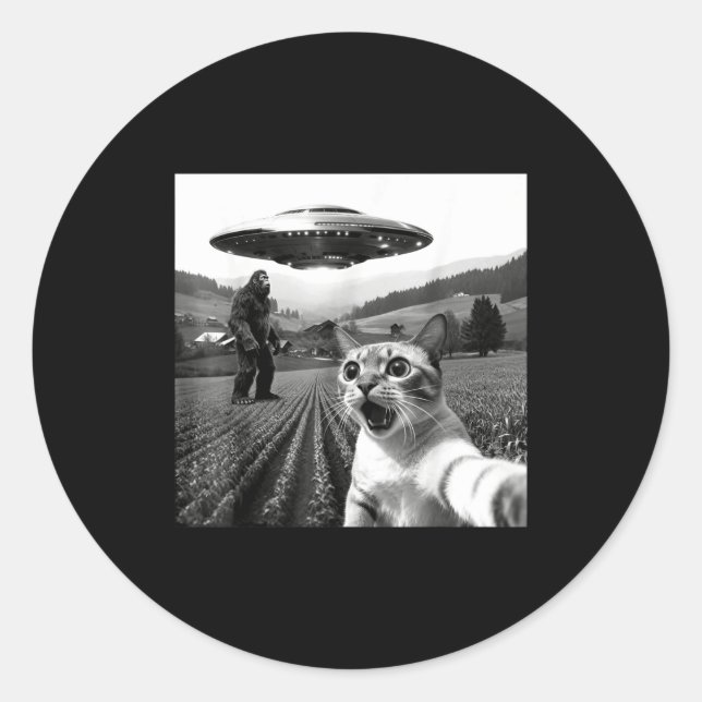 Cat Selfie With Alien Ufo Funny Cat Alien Bigfoot  Classic Round Sticker (Front)