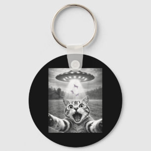 Cat Selfie with Alien UFO Funny Cat for Men Women Keychain
