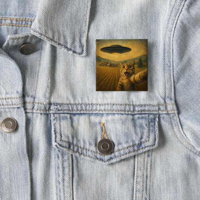 Cat Selfie With Alien UFO Funny Cat Gifts 2 Inch Square Button (In Situ)