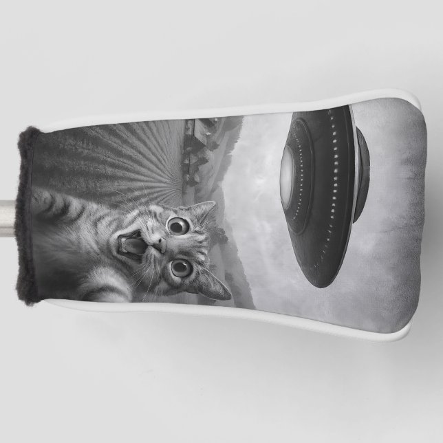 Cat Selfie With Alien UFO Funny Cat Gifts Golf Head Cover (Front)