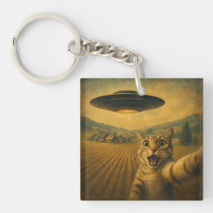 Cat Selfie With Alien UFO Funny Cat Gifts Keychain