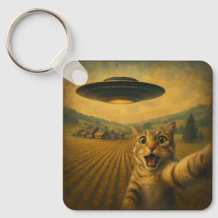 Cat Selfie With Alien UFO Funny Cat Gifts Keychain
