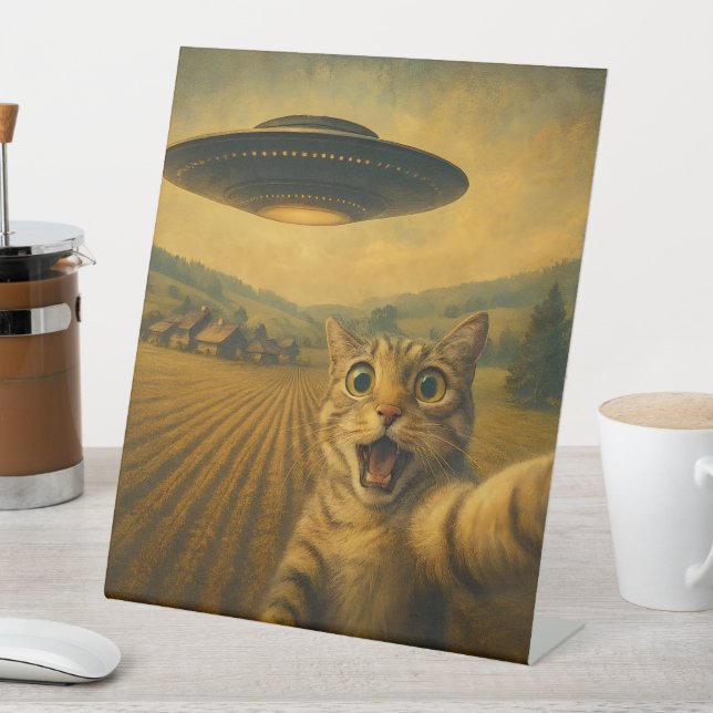Cat Selfie With Alien UFO Funny Cat Gifts Pedestal Sign (In SItu)