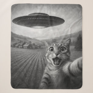 Cat Selfie With Alien UFO Funny Cat Gifts Sherpa Blanket