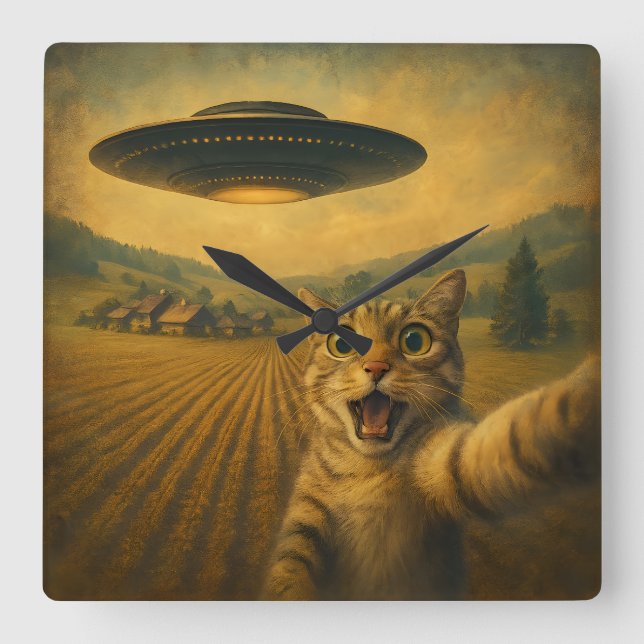 Cat Selfie With Alien UFO Funny Cat Gifts Square Wall Clock (Front)