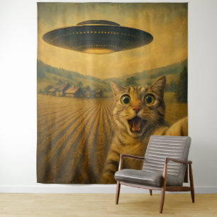 Cat Selfie With Alien UFO Funny Cat Gifts Tapestry