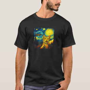 Cat Selfie With Alien UFO Funny Starry Night Van G T-Shirt