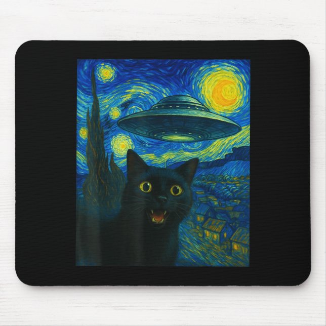 Cat Selfie With Alien Ufo Night Van Gogh Men Women Mouse Pad (Front)