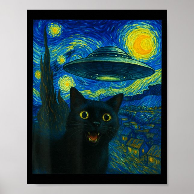 Cat Selfie With Alien Ufo Night Van Gogh Men Women Poster (Front)
