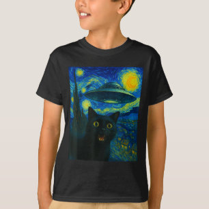 Cat Selfie With Alien Ufo Night Van Gogh Men Women T-Shirt