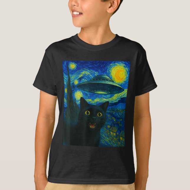 Cat Selfie With Alien Ufo Night Van Gogh Men Women T-Shirt (Front)
