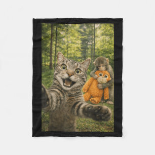 Cat Selfie with Baby Monkey Funny Photo Animal Fleece Blanket