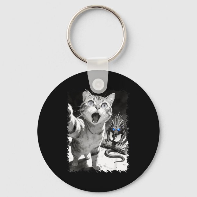 Cat selfie with chupacabra funny cryptid meme  keychain (Front)