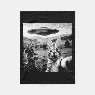 Cat Selfie with Easter Bunny Bigfoot Sasquatch UFO Fleece Blanket