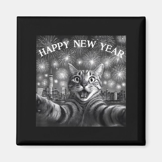 Cat Selfie With Firework Countdown Funny Happy New Magnet (Front)