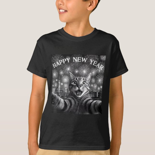 Cat Selfie With Firework Countdown Funny Happy New T-Shirt (Front)