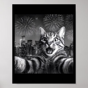 Cat Selfie With Firework In The City Funny Happy N Poster