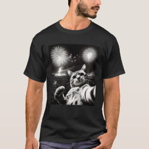 Cat Selfie With Fireworks Funny Cat For Men Women T-Shirt