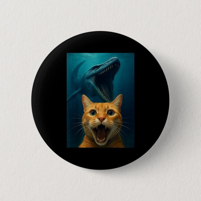 Cat Selfie With Mosasaurus Dinosaur For Boys Kids  2 Inch Round Button (Front)