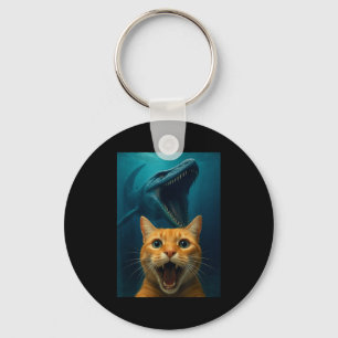 Cat Selfie With Mosasaurus Dinosaur For Boys Kids Keychain
