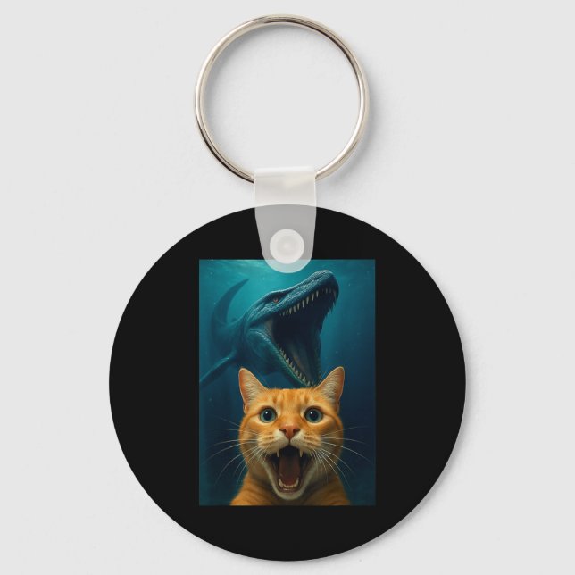 Cat Selfie With Mosasaurus Dinosaur For Boys Kids  Keychain (Front)