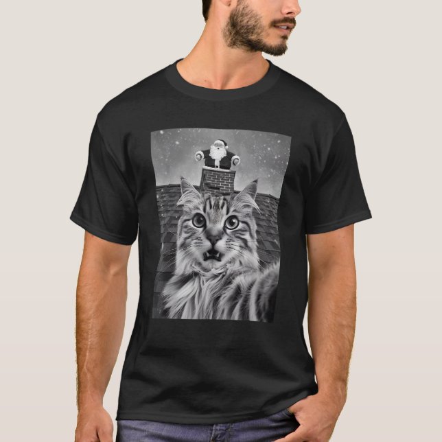 Cat Selfie With Santa Claus PJ Party Merry Christm T-Shirt (Front)