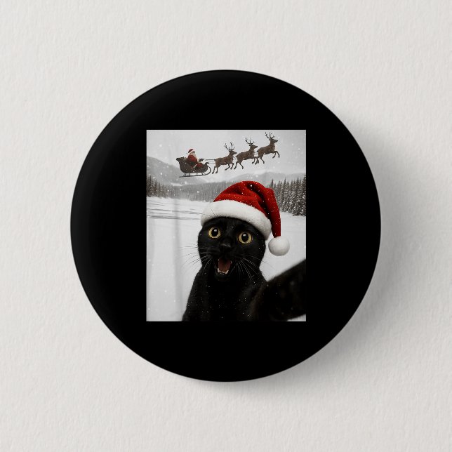 Cat Selfie With Santa Funny Black Cat Christmas Me 2 Inch Round Button (Front)