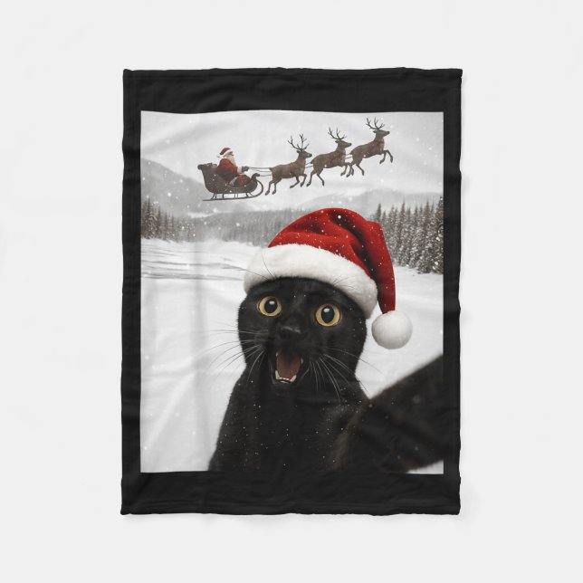 Cat Selfie With Santa Funny Black Cat Christmas Me Fleece Blanket (Front)