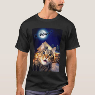 Cat Selfie with Santa, Reindeer, and Sleigh Funny  T-Shirt