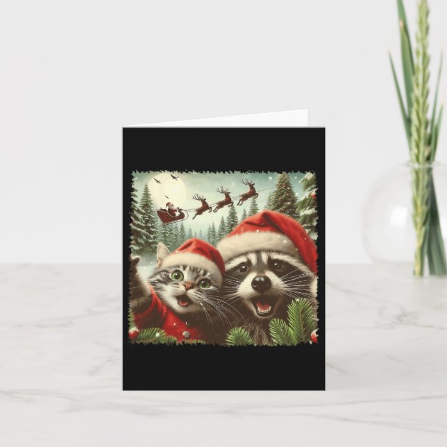 Cat Selfie With Santa's Sleigh Weird Funny Raccoon Card (Front)