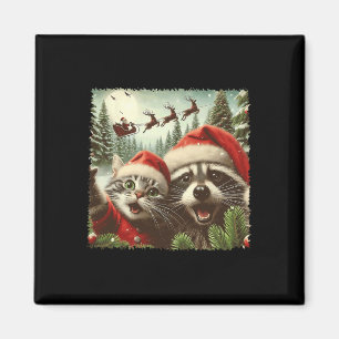 Cat Selfie With Santa's Sleigh Weird Funny Raccoon Magnet