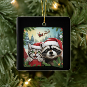 Cat Selfie With Santa's Sleigh Weird Raccoon Xmas Ceramic Ornament