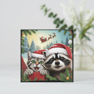 Cat Selfie With Santa's Sleigh Weird Raccoon Xmas Holiday Card