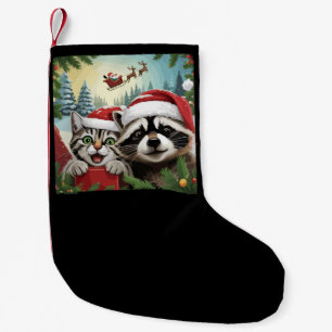 Cat Selfie With Santa's Sleigh Weird Raccoon Xmas Small Christmas Stocking