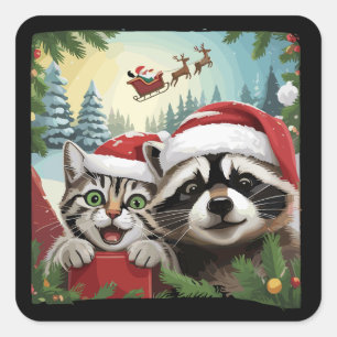 Cat Selfie With Santa's Sleigh Weird Raccoon Xmas Square Sticker