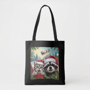 Cat Selfie With Santa's Sleigh Weird Raccoon Xmas Tote Bag