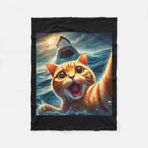 Cat Selfie With Shark Funny  Fleece Blanket