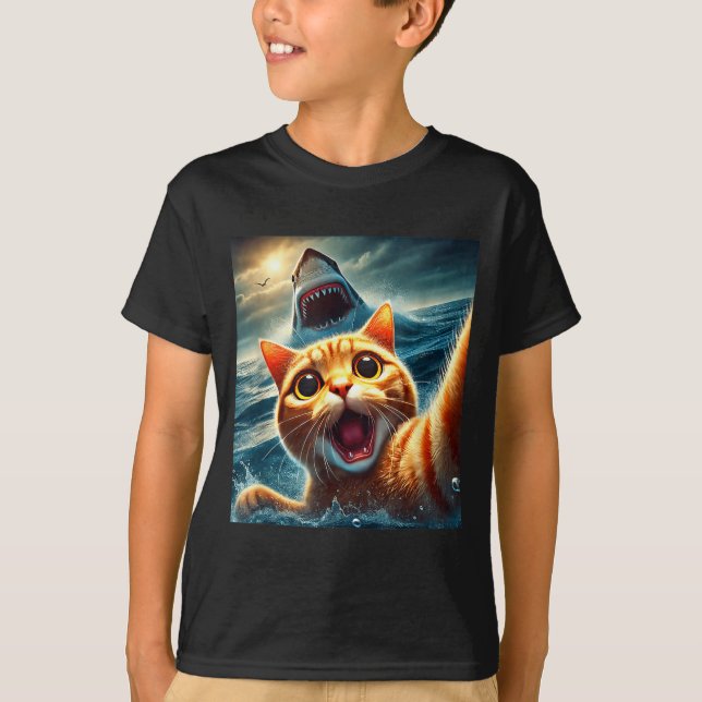 Cat Selfie With Shark Funny  T-Shirt (Front)