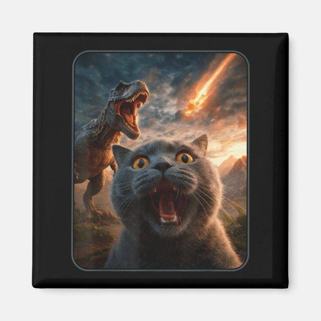 Cat Selfie With T-rex Dinosaur Funny Cat T Rex Shi Magnet (Front)
