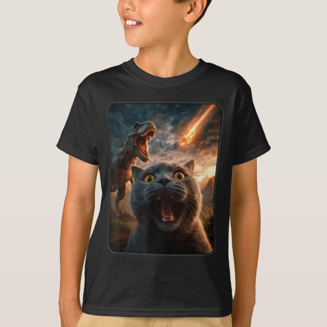 Cat Selfie With T-rex Dinosaur Funny Cat T Rex Shi T-Shirt (Front)