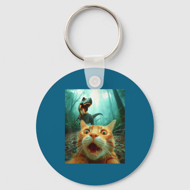 Cat Selfie With T-rex Dinosaur Trex Dino Men Women Keychain (Front)