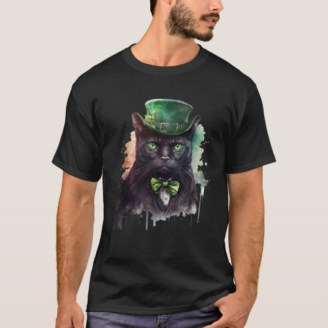 Cat  Shamrock St Patrick s Day Leprechaun Hat Blac T-Shirt (Front)