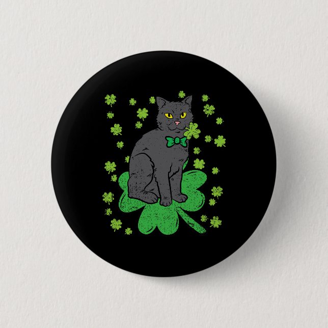 Cat Shamrock St Patricks Day 4 Leaf Clover Men Wom 2 Inch Round Button (Front)